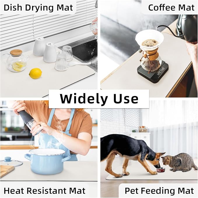 LOPNUR Kitchen Dish Drying Mat, 31.5"x17" Dish Drying Mats for Kitchen Counter, Diatomite Coffee Mat, Super Absorbent Dish Drying Pad, Heat Resistant Mat with Anti-slip Rubber Backed, Cream White