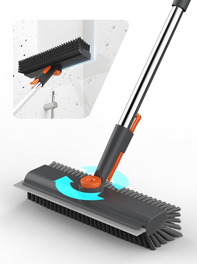 Floor Scrub Brush with Long Handle & Squeegee, 3 in 1 Floor Scrubber | Stiff Dual-side Bristle, 360° Swivel Head with Tweezer, for Cleaning Tile Wall Deck Bathroom Patio Garage Pool Kitchen (Gray)