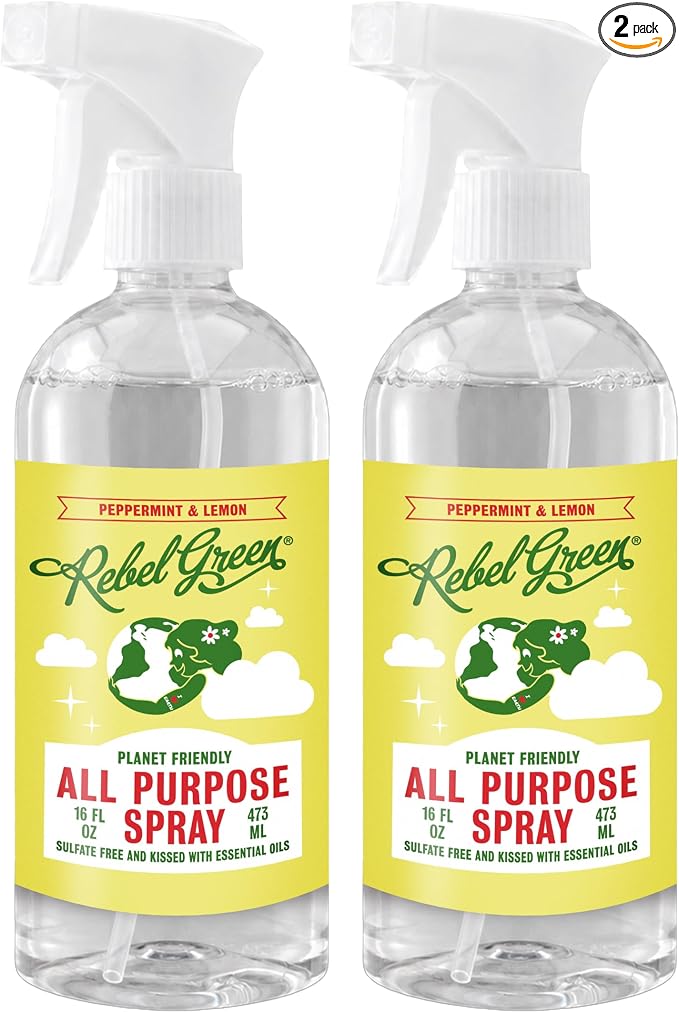 Rebel Green Natural All-Purpose Cleaning Spray - Plant-Derived Multi-Surface Cleaner with Essential Oils for Kitchen, Bath, Countertops and More - Peppermint & Lemon Scent - 16 oz - 2 Pack