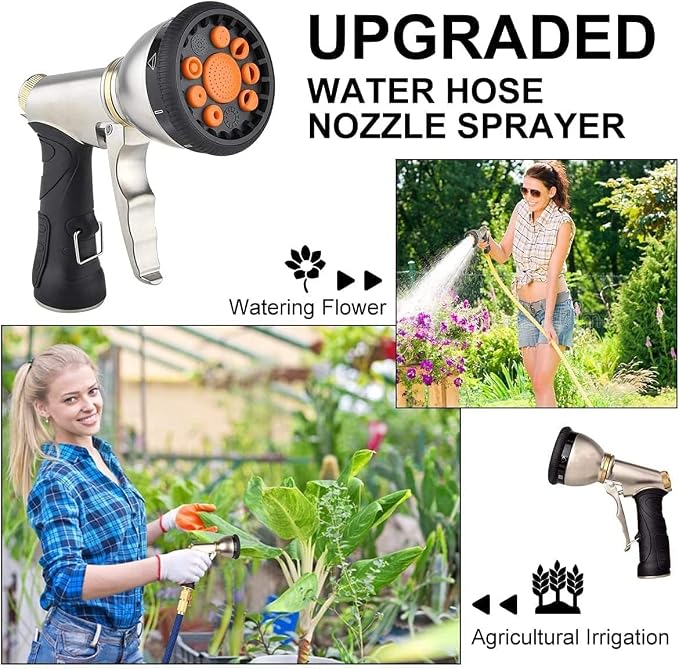 Garden Hose Nozzles,9 Spray Patterns Heavy Duty Metal Hose Sprayer Nozzle | Hose Nozzle Spray High Pressure Slip Resistant Water Sprayer for Plants & Lawns Watering,Car Washing and Pet Showering Gray