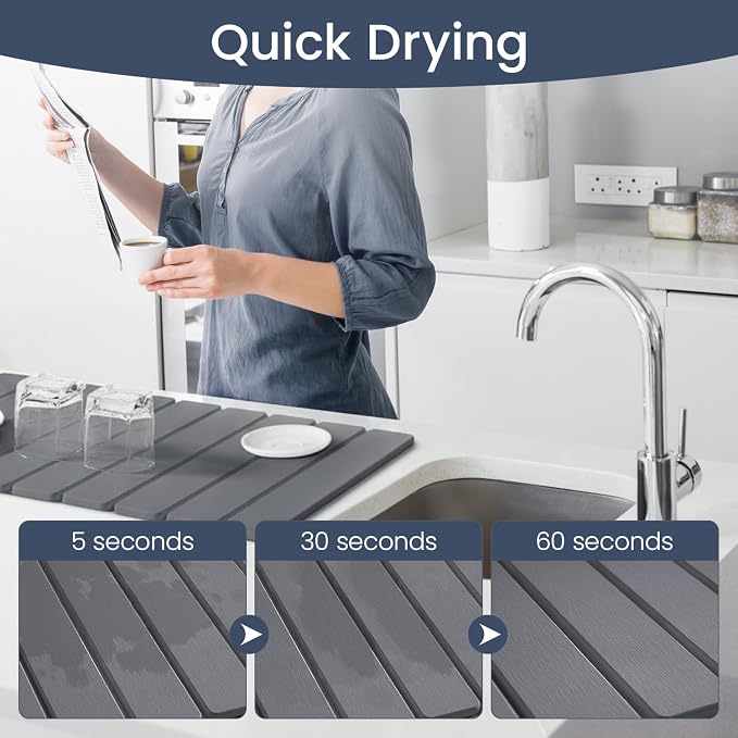Meowoo Stone Drying Mat for Kitchen Counter, 28.3"x15.7" Foldable Diatomaceous Earth Mat, Super Absorbent, Quick-Dry Bath & Kitchen Pad for Dishes, Cups, Non-Slip, Fits Any Countertop - Dark Gray