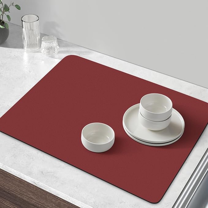 WISELIFE Coffee Mat Super Absorbent Dish Drying Mat Coffee Bar Accessories Match with Machine Large Drying Mats for Kitchen Counter 18" W x 36" L, Red