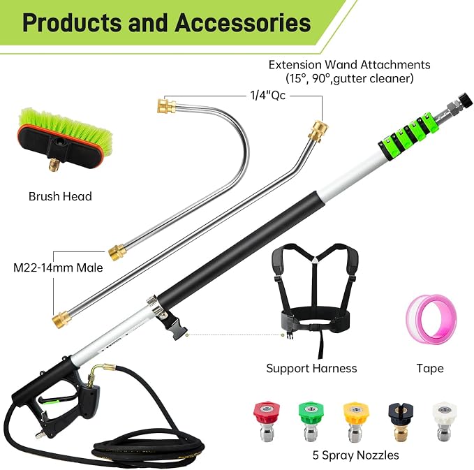 TOR 24 FT Telescoping Pressure Washer Wand with Pressure Washer Extension Wand,Gutter Cleaner Attachment, Pressure Washer Telescoping Wand with 5 Spray Nozzle Tips, 2 Hose Inlet Adapters, Brush Head