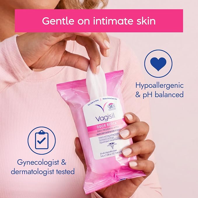Vagisil Odor Block Daily Freshening Wipes for Feminine Hygiene in Resealable Pouch, Gynecologist Tested & Hypoallergenic, 20 Wipes (Pack of 1)