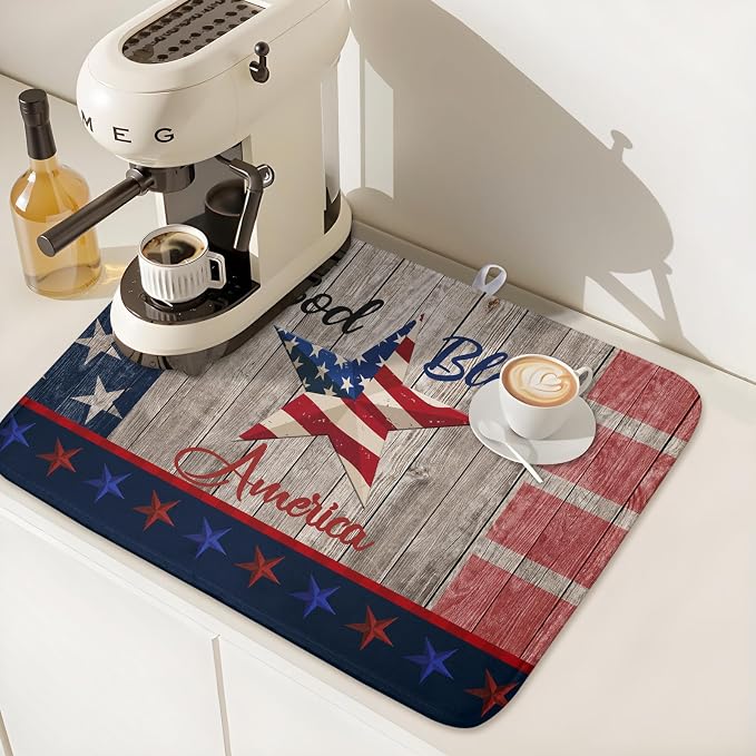 Kawani 4th of July Dish Drying Mat 16x18 Inch Patriotic God Bless America Memorial Kitchen Mats Independence Day Absorbent Dishes Pad for Kitchen Counter USA Star Drying Mat Home Decor for Countertop