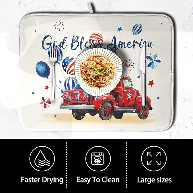 4th of July Drying Mat for Kitchen Counter 18 x 24 Inch US Independence Day Patriotic Truck Dish Drying Mat Polyester American Flag Dish Drainer Mat Super Absorbent Dish Rack Pad for Coffee Bar Sinks