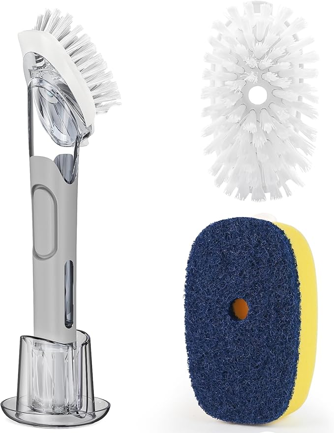 RIMAY Dish Brush Set with Soap Dispenser, 2 Refills and Storage Holder | Soap Dispensing Dish Brush dish scrubber with handle for Cleaning Dishes, Pans, Sink, Pots, Grey