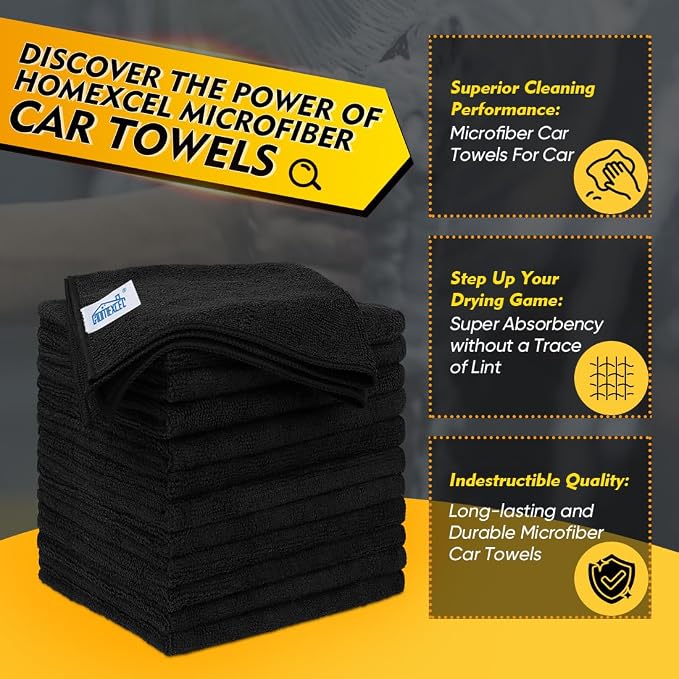 HOMEXCEL Black Microfiber Cleaning Cloth 400 Pack, 11.5 x 11.5 inch Bulk Shop Towels | Reusable Cleaning Rags for Cars, Kitchen, Window, Garage and House, Ultra Absorbent, Lint Free, Streak Free