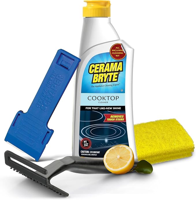 Cerama Bryte Cooktop Cleaning Kit, 10 oz Bottle, Scraper, Tool & 3 Pads