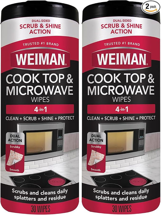 Weiman Glass Cooktop and Microwave Wipes - 2 Pack - Cleaner for Daily Use Professional Home Kitchen Cooktop Cleaner and Polish Use on Induction Ceramic Gas Portable Electric - 60 Wipes Total