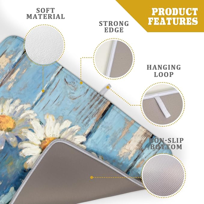 Daisy Dish Drying Mat for Kitchen Counter 18x24, Spring Summer Cute Flower Decorative Absorbent Reversible Microfiber Kitchen Countertop Protector Dishes Drainer Pad