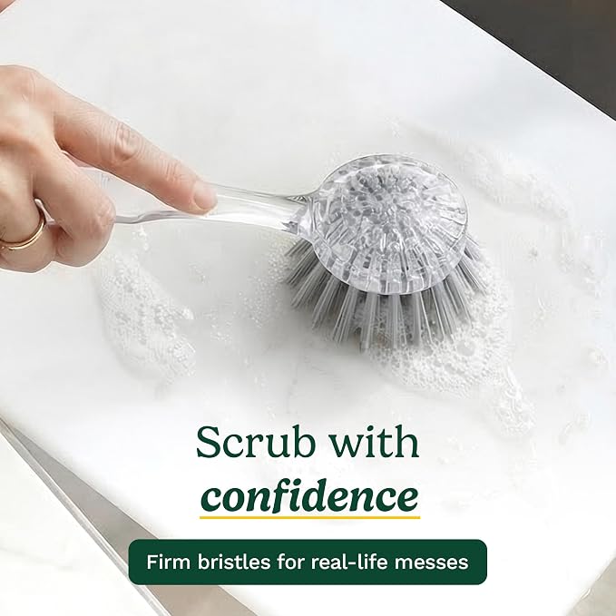 Cuisinart Dish Brush with Handle, 2 Pack, Firm Bristles | Multi-purpose dish scrubber for plates, pots, and pans, deep cleaning removes grease, safe for nonstick, round head