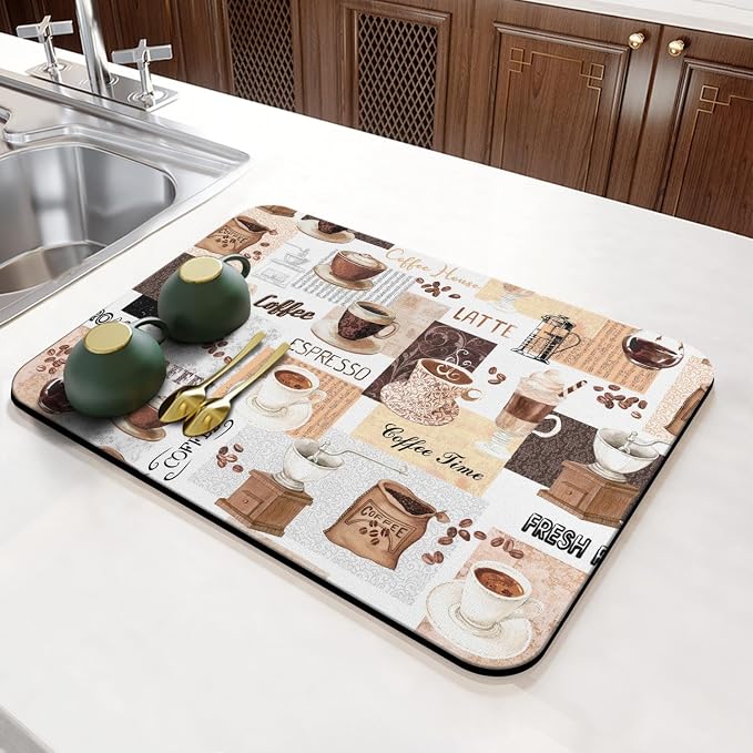 Coffee Mat 23inx15in, Absorbent Hide Stain Anti-Slip Coffee Bar Accessories, Dish Drying Mat for Kitchen
