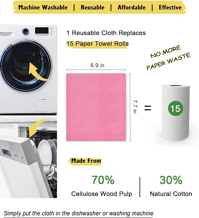 MoLKENE Swedish Dishcloths for Kitchen | 6 Pack Absorbent Cellulose Sponge Cloths Washable | Non-Scratch Reusable Paper Towels Quick Drying Cleaning Cloths - Pink