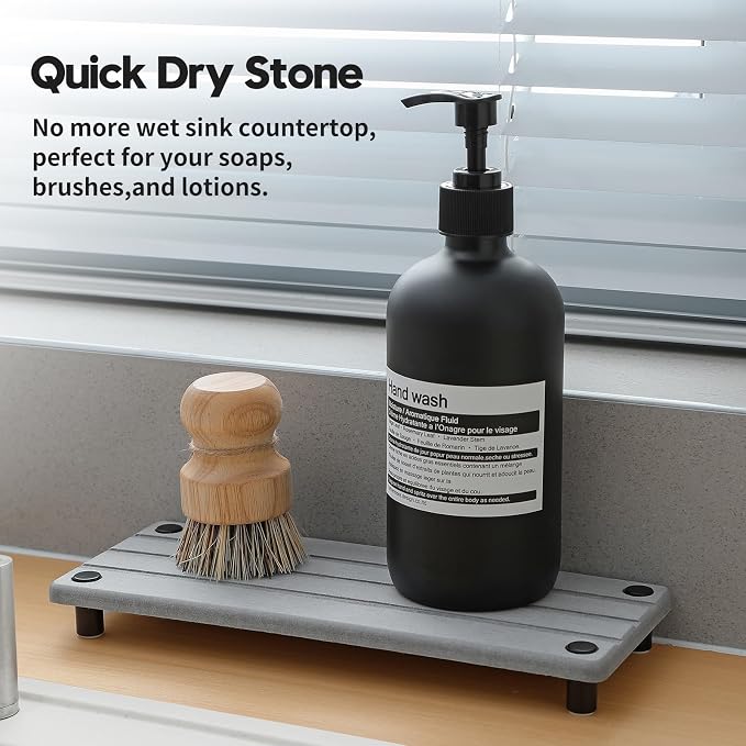 Razborci 2 Pack Fast Drying Water Absorbing Diatomite Stone Mat Tray for Kitchen & Bathroom Counter - Instant Dry Sink Caddy Organizer - Vanity Holder for Soap, Sponge – Light Gray 10" x 4"