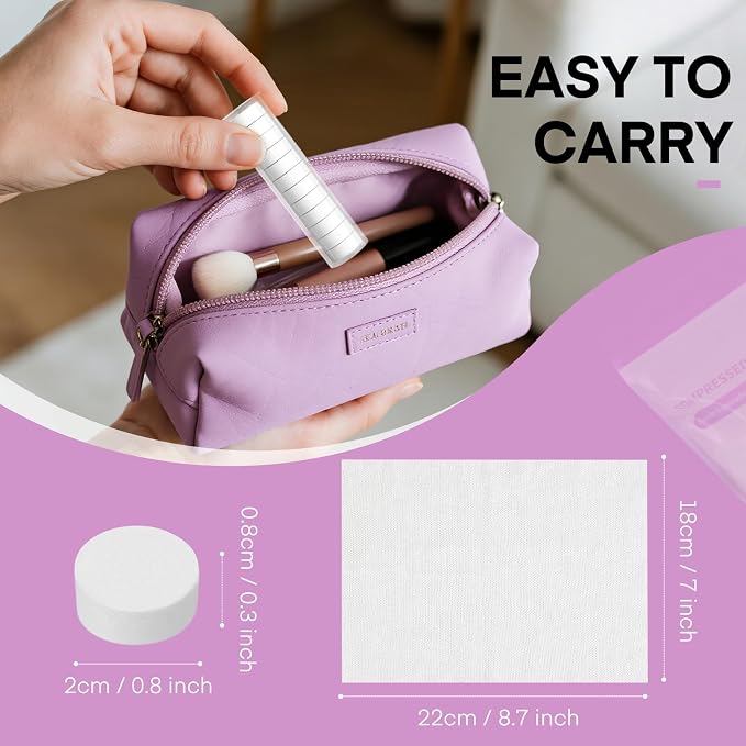 Classycoo Compressed Towel 120 PCS with 2 Carrying Cases,Disposable Mini Tablets Portable Face Towel Cotton Coin Tissue for Travel, Camping, Hiking, Sport, Home Hand Wipes, Outdoor Activities(Purple)