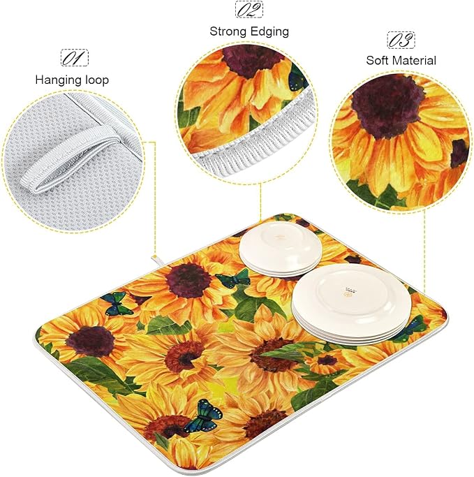 Super Absorbent Dish Drying Mat, Microfiber Fast-Drying Dish Mat, 16" x 18", Kitchen Dish Drying Pad, Sunflowers And Green Blue Butterflies