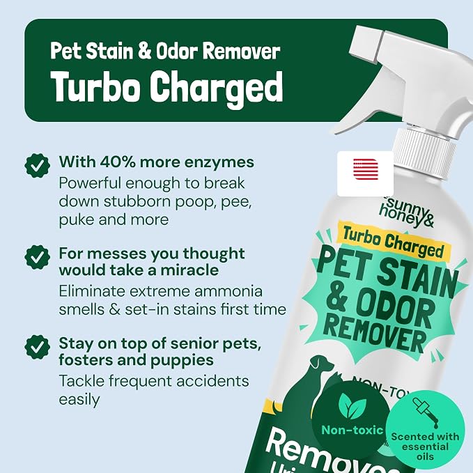 Sunny & Honey Turbo Pet Stain and Odor Remover for Carpets, 32fl oz Mint | USA Made - Enzyme Cleaner for Dog Urine & Poop - Eliminates Set In Stains - Color Safe - For Rugs, Furniture & Car Seats