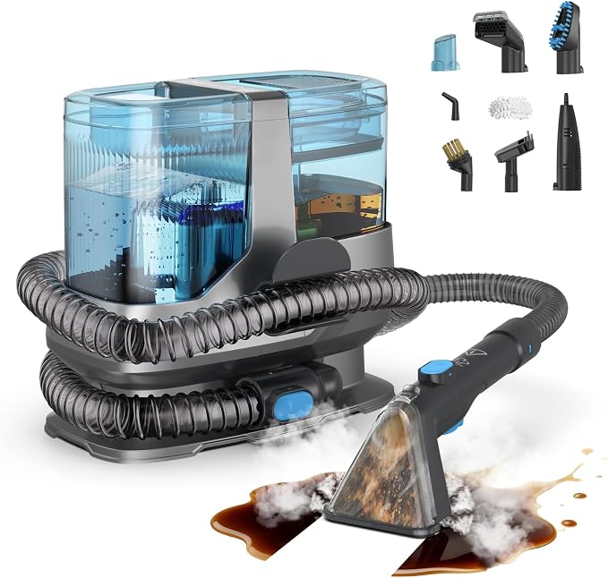 Portable Steam Carpet Cleaner, 203°F High Temp Steam & 18,000Pa Suction, Deep Stain & Odor Removal, Spot Cleaner for Pets, Kids, Home Upholstery, Stairs & Car Detailing