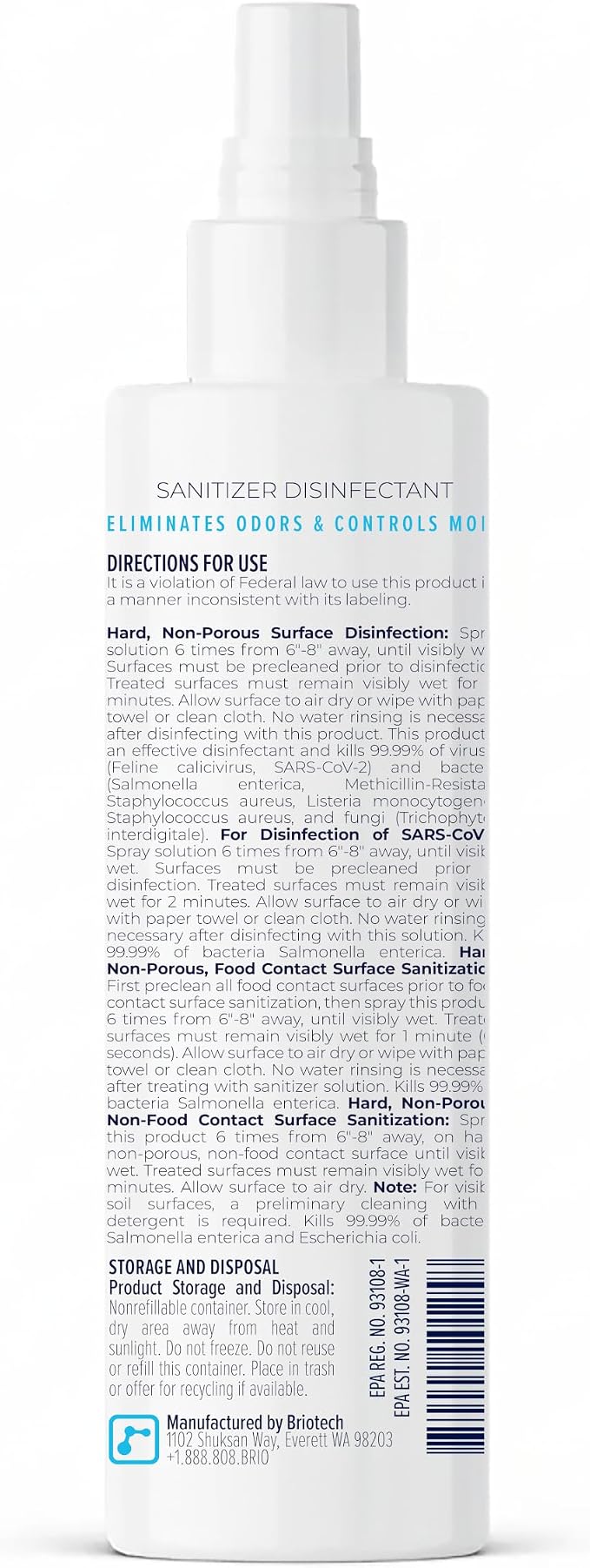 BRIOTECH Sanitizer Disinfectant Hypochlorous Spray, Kill 99.99% of Viruses & Bacteria, Control Mold, Eliminate Odor, Gentle for Nursery & Play Rooms, Food Contact Surface Sanitizer, 8.5 fl oz (2 Pack)