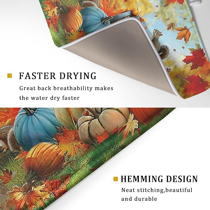 Fall Dish Drying Mat for Kitchen Counter Autumn Pumpkin Cute Squirrel Microfiber Absorbent Dish Draining Reusable Washable Foldable Extra Large 18"x24"