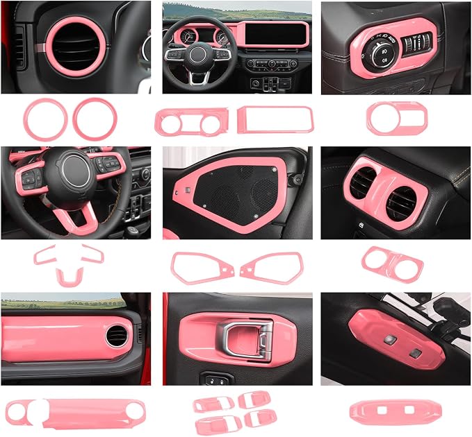 21PCS Full Set Interior Trim Kit for 2024-2026+ Jeep Wrangler JL JLU & Jeep Gladiator JT, Dashboard Side Outlet Door Handle Bowl Headlight Switch Roof Reading Light Cover (Pink)