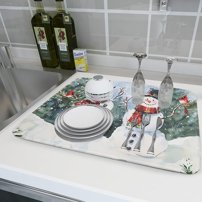 Winter Dish Drying Mat 18 x 24 Inch Xmas Snowman Pattern Dish Drying Pad Absorbent Microfiber Mats for Christmas Dish Rack Pad for Kitchen Counter Coffee Bar Decor