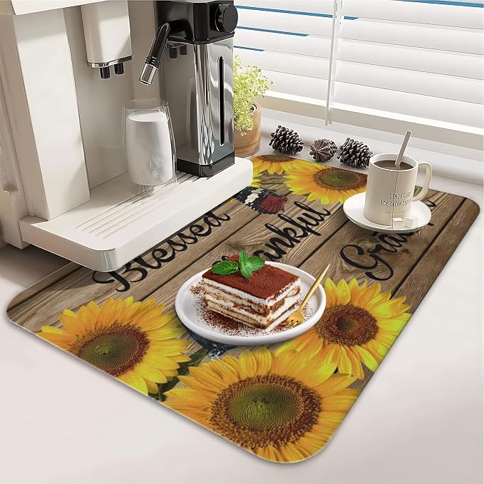 Dish Drying Mat 2-Pack in Sunflower Wood for Kitchen Counter Dishes Mat | Diatom Mud Mats (18x24, 19.5x12"). Non-slip rubber back for kitchen counter, coffee bar & sink scenes