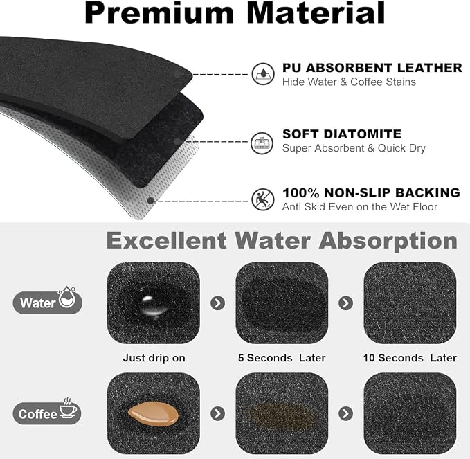 Findosom Dish Drying Mat, 12"x 20" Super Absorbent & Hide Stain Coffee Mat, Cuttable Drying Mat for Kitchen Counter, Coffee Bar Accessories, Under Dish Rack, Coffee Maker, Espresso Machine, Black-2