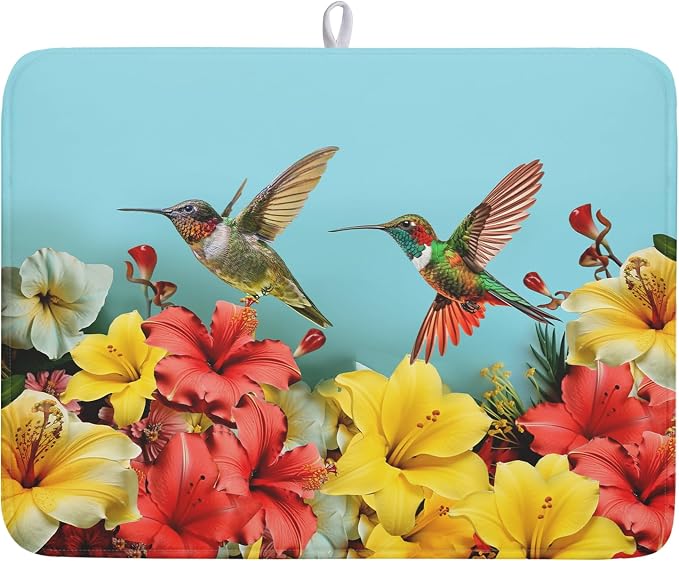 Kawani Hummingbirds Floral Dish Drying Mat for Kitchen Counter 18x24 In Hibiscus Tropical Drying Mat Farmhouse Fast Dry Absorbent Microfiber Dish Drainer Rack Pad Mat for Countertop Decor
