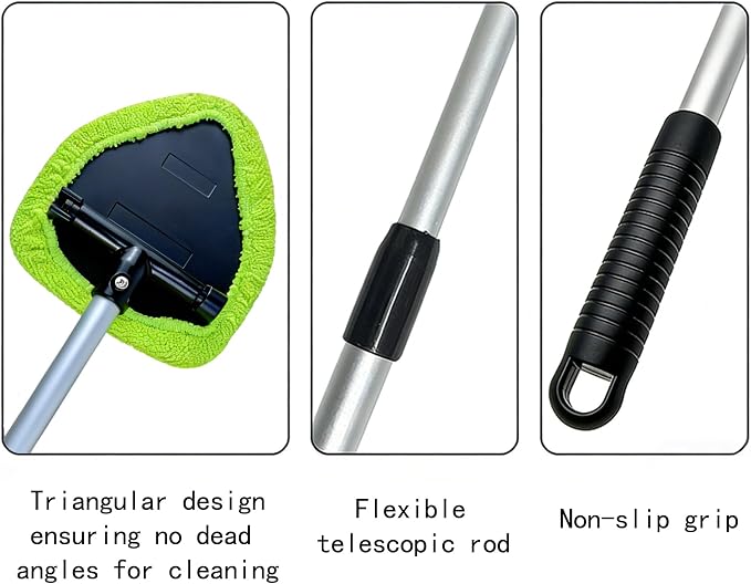 Microfiber Car Windshield Cleaning Tool with Extendable Handle,Car Defogging Glass Cleaning Brush with 4 Reusable Microfiber Pads 1 Spray Bottle and 1 Car Dust Removal Brush. (Green)