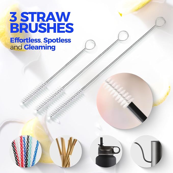 Holikme 6 Pack Bottle Brush Tube Set, 14" Long Handle Stainless Steel Bottle Cleaner Brush, 3 Straw Brushes, Portable 3-in-1 Bottle Cleaning Brush for Water Bottle Cups Baby Bottle Straws, Yellow