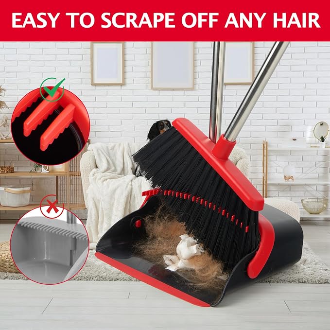 2-Pack Broom and Dustpan Combo Set,51" Long Handle,Black Red | Standing Dustpan, Heavy Dust,House Accessories for Home, Kitchen, Office, Pet Hair