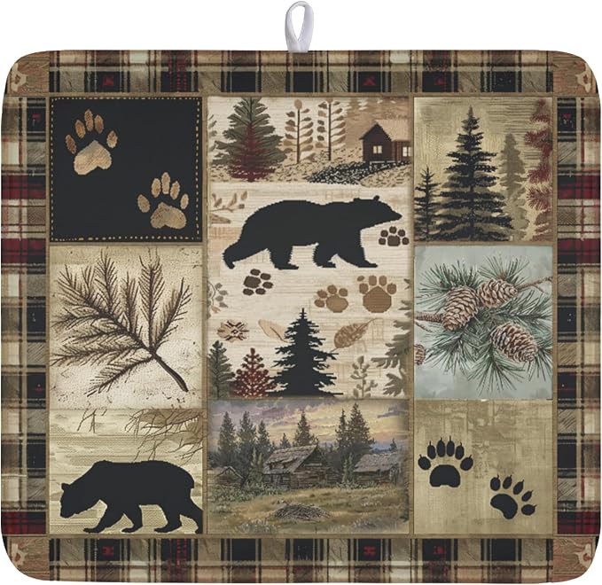 Giwawa Black Bear Dish Drying Mat Forest Cabin Decorative Dishes Pad 16x18 Inch Absorbent Fast Dry Dish Drainer Rack Mats for Kitchen Counter Sink