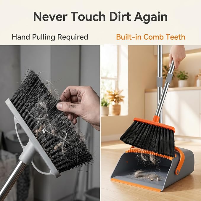 Broom with Standing Dustpan Combo Set, 52" Long Handle Self-Cleaning Teeth, 5-Row Stiff Bristles Angled Head, TPR Rubber Lip for Kitchen Pet Hair Sweeping Indoor Outdoor