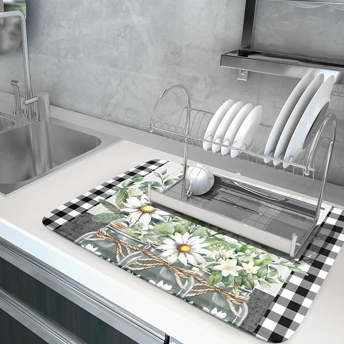 Daisy Floral Dish Drying Mat for Kitchen Counter Watercolor Flowers Absorbent Dishes Drainer Rack Mat 18x24 Inch Microfiber Dish Drying Pads Spring Kitchen Drying Dishes Pad Countertops