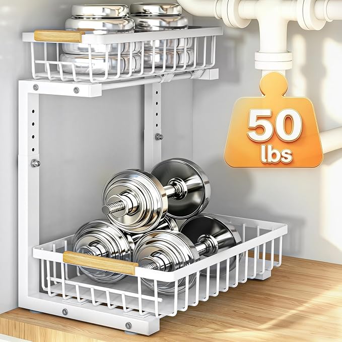 REALINN Under Sink Organizer, Height Adjustable Under Sink Organizers and Storage, 2 Tier Pull Out Drawer Cabinet Storage for Kitchen Bathroom, 1 Pack, White