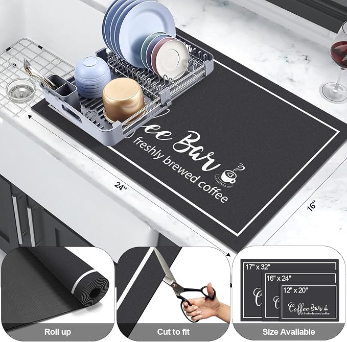 Findosom Dish Drying Mat, 16"x 24" Super Absorbent & Hide Stain Coffee Mat, Cuttable Drying Mat for Kitchen Counter, Coffee Bar Accessories, Under Dish Rack, Coffee Maker, Espresso Machine, Black