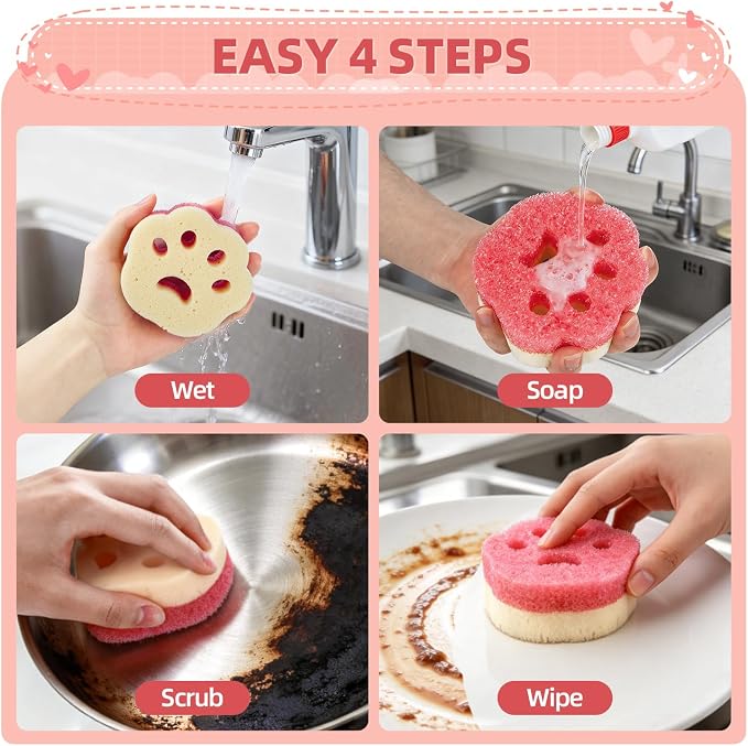 CLEANGOR 4pcs Scrub Sponges, Dual-Sided Temperature-Controlled Dish Sponges | Scratch-Free, Easy to Clean, Kitchen Cleaning Sponges for Tough Stains, Delicate Surfaces, Glassware, Cookware, Appliances