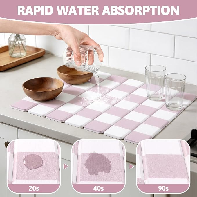 Yamaziot Large Stone Drying Mat for Kitchen Counter, 15.3"x24" Foldable Ultra Absorbent Stone Drying Mat, Quick-Dry Diatomaceous Earth Mat, Non-Slip Heat Resistant Mat for Dishes, Cups, Bottles, Pink