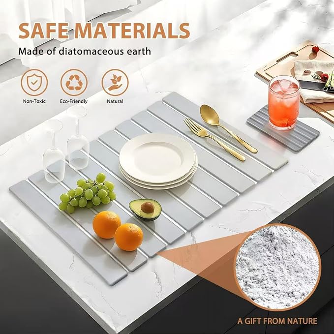 2 PCS Large Stone Dish Drying Mat for Kitchen Counter with Water Absorbing Sink Tray,24x16 Inch Foldable Diatomaceous Earth Dish Mat & 8x4 Inch Stone Coasters Tray,Super Absorbent Quick Dry