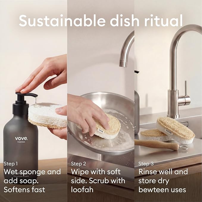 Vove Cleaning Duo, Bamboo Dish Brush Set and Natural Dish Sponges, FSC-Certified Bamboo, Sisal, Loofah, Cellulose, Plastic-Free, Eco-Friendly Zero-Waste Kitchen Dish Scrubber Set