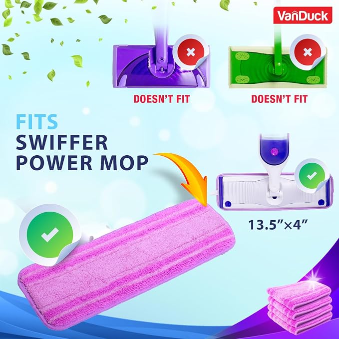 VanDuck Reusable Microfiber Mop Pads for Swiffer PowerMop, 6 Pack | Washable, heavy duty replacement refills, wet & dry use, multi-surface hardwood floor cleaning
