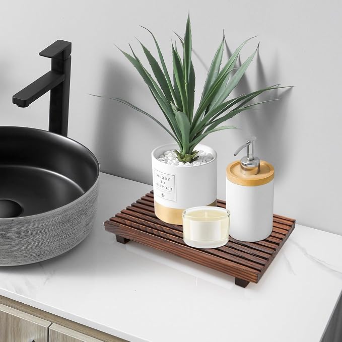 Decorative Wooden Tray for Bathroom Counter Kitchen Wood Riser Vanity Tray | Farmhouse Bathroom Sink Accessories Wood Display Pedestal Stand Countertop Tray Teak Bathtub Dish Soap Dispenser Holder
