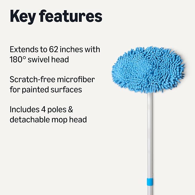 Amazon Basics Car Wash Brush with Long Handle, Scratch-Free Microfiber Mop Mitt, Swivel Head, Detachable Head, Extends to 62 inches with 4 Poles, for Car RV Truck, Blue