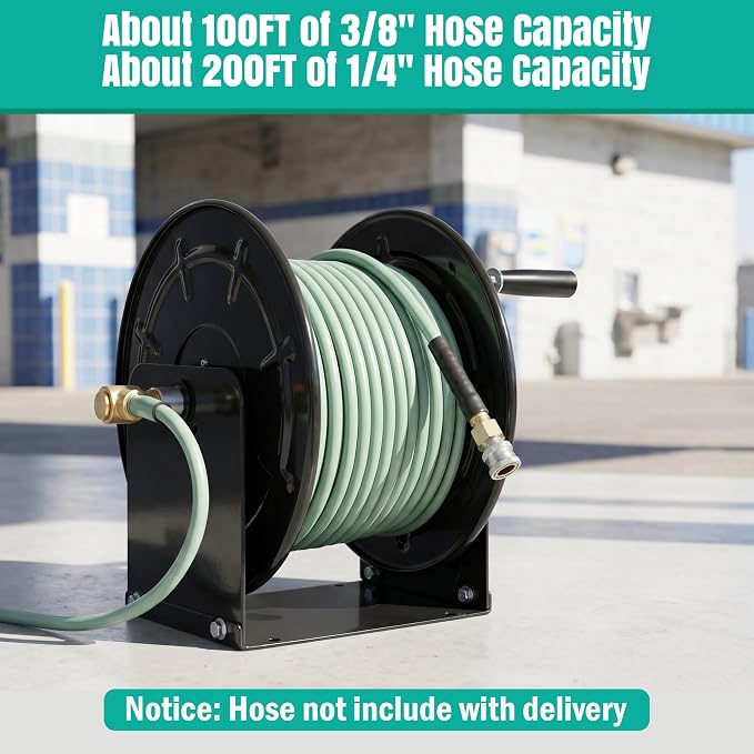 lesolar Pressure Washer Hose Reel,100FTx3/8'' / 200FTx1/4'' | Retractable Hand Crank Power Washer Hose Reel,Wall/Floor Mounted Heavy Duty Hose Reel for Water,Black