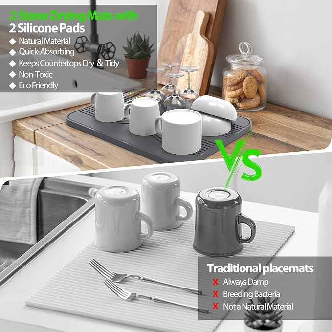 2 PCS Stone Dish Drying Mat ＆ Silicone Mat for Kitchen Counter – Diatomaceous Earth Bath Mat for Bathroom, 16.14"L×12.4"W×2 Quick Dry Mats for Dishes ,Bottles, Cups, Match Any Countertop(Gray)