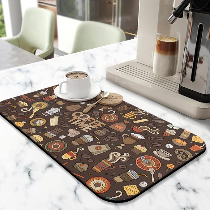 Coffee Bar Mat Accessories for Countertop Super Absorbent Anti-Slip Silicone Dish Drying Mats for Kitchen Counter Draining Pad Decor Gift Fit Coffee Maker Coffee Pot Espresso Machine 19inx12in