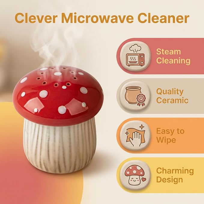Ceramic Mushroom Microwave Steam Cleaner with Vented Lid for Easy Cleaning | Ceramic microwave steam cleaner with a vented lid uses heated vinegar steam to help loosen food residue for easier cleaning.