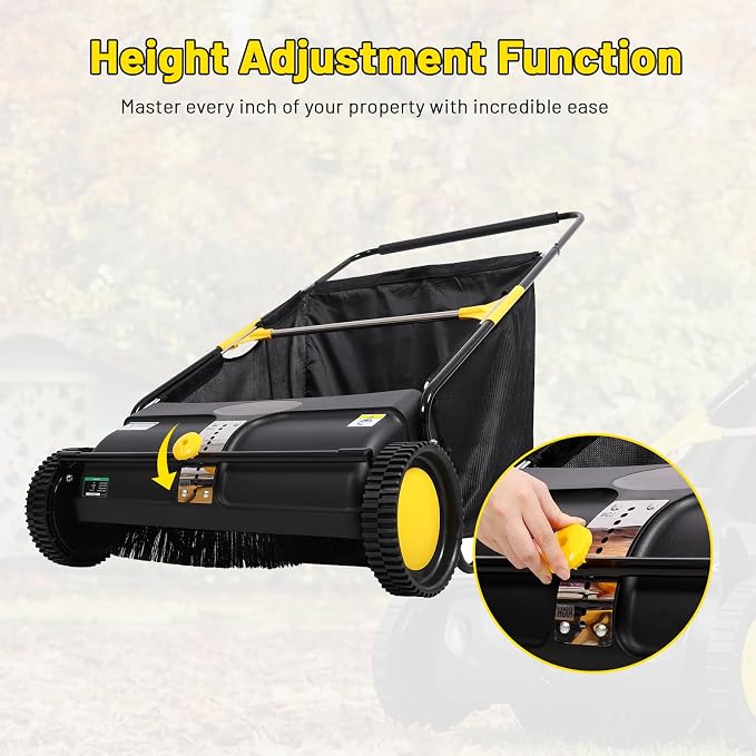 21 Inch Push Lawn Sweeper, Hand Powered Leaf & Grass Sweeper with 7 Cu Ft Hopper, 4 High-Speed Brushes, Height Adjustable, ABS & Steel Frame for Yard Lawn Cleanup (21 Inch Black)